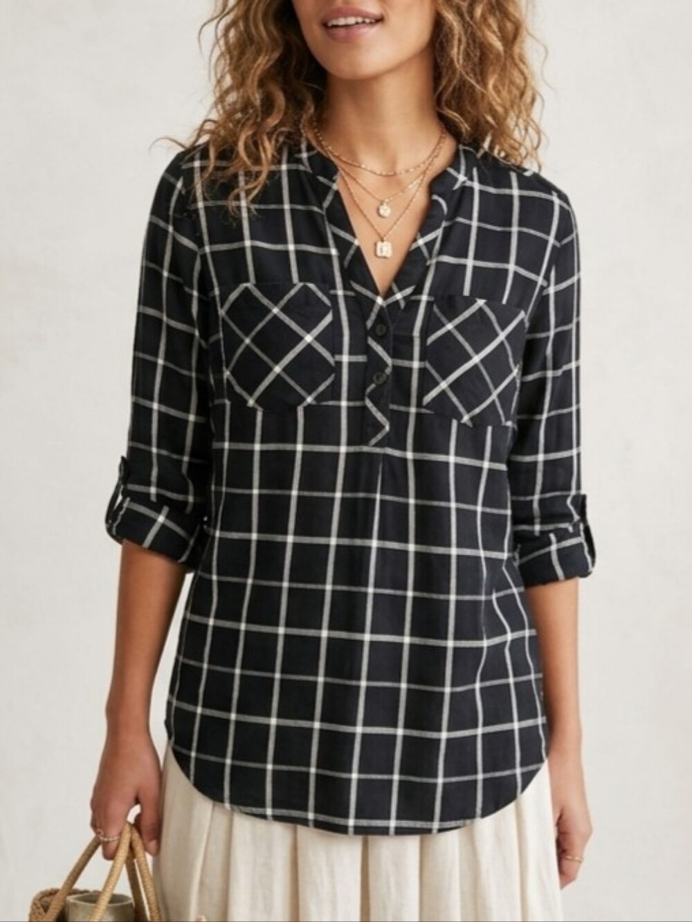 Sz S Rayon Blend Weatherproof Vintage Black and White Windowpane Plaid Tunic